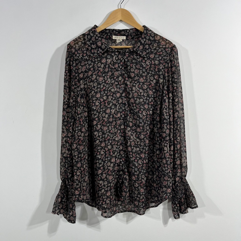FESTI Victorian Boho Sheer Floral Paisley Button Down Top Smocked Size Large